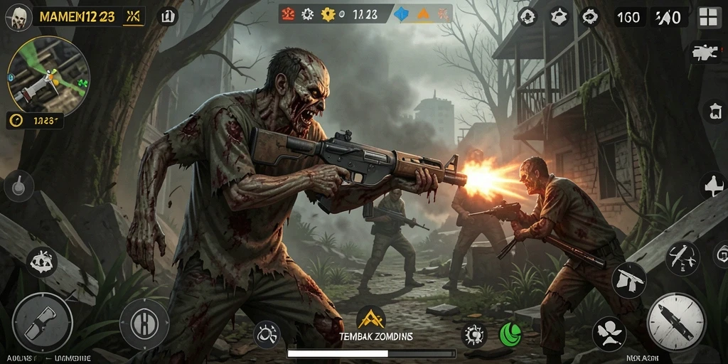 Antarmuka permainan MAMEN123 menampilkan aksi menembak zombie yang mendebarkan.